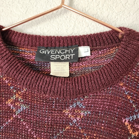 GIVENCHY SPORT x VINTAGE 80s maroon Logo Grapgic all over knit sweater rainbow L - Picture 3 of 9